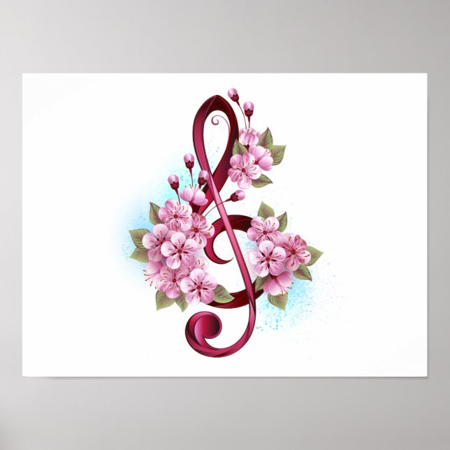 Musical treble clef notes with Sakura flowers Poster (Front)