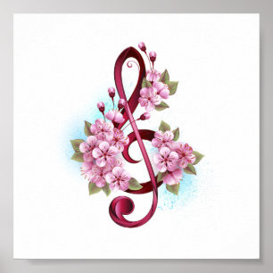 Musical treble clef notes with Sakura flowers Poster