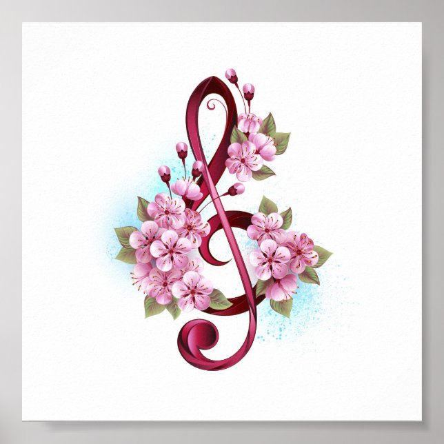 Musical treble clef notes with Sakura flowers Poster (Front)