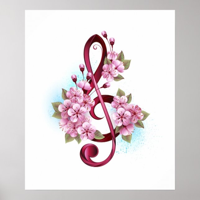 Musical treble clef notes with Sakura flowers Poster (Front)