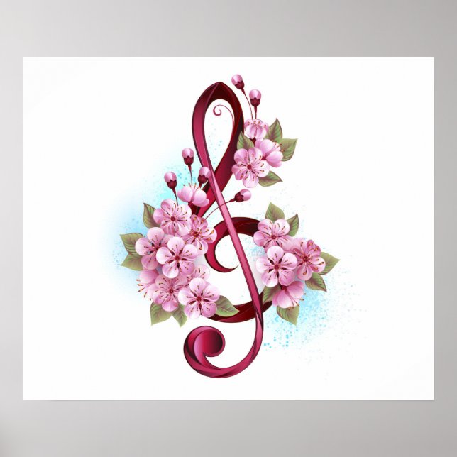Musical treble clef notes with Sakura flowers Poster (Front)