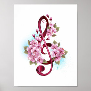 Musical treble clef notes with Sakura flowers Poster