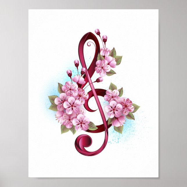 Musical treble clef notes with Sakura flowers Poster (Front)