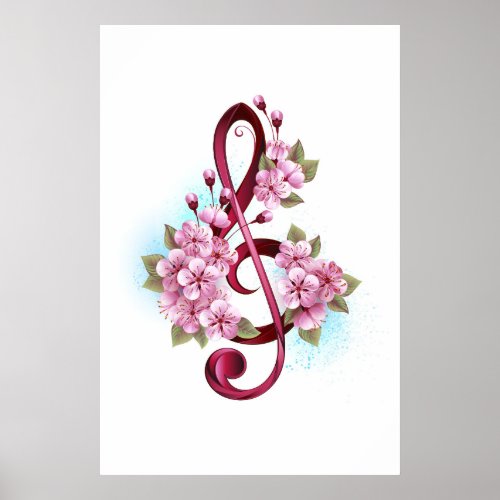 Musical treble clef notes with Sakura flowers Poster