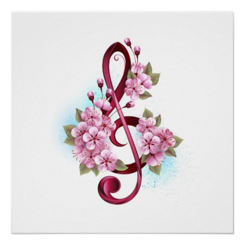 Musical treble clef notes with Sakura flowers Poster
