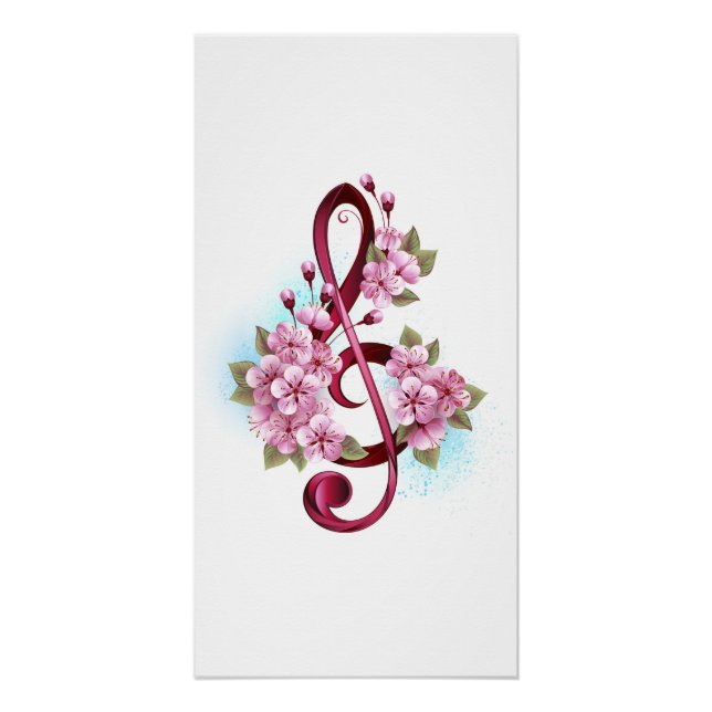 Musical treble clef notes with Sakura flowers Poster (Front)