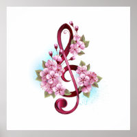 Musical treble clef notes with Sakura flowers