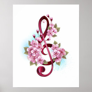Musical treble clef notes with Sakura flowers Poster