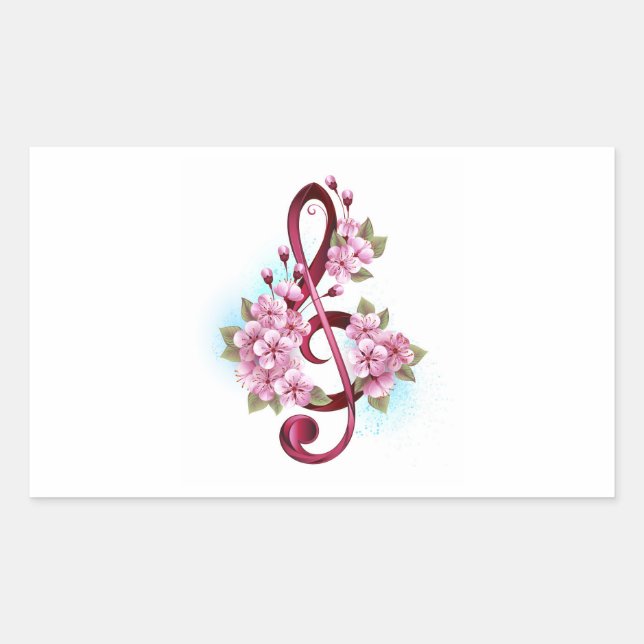 Musical treble clef notes with Sakura flowers Rectangular Sticker (Front)