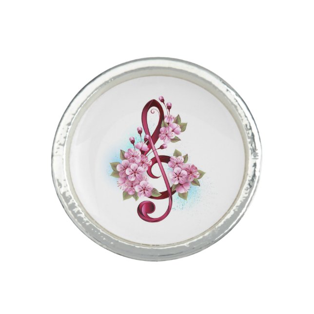 Musical treble clef notes with Sakura flowers Ring (Front)