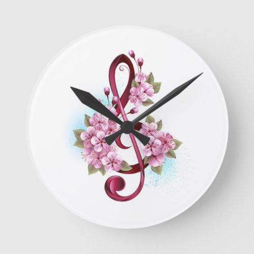 Musical treble clef notes with Sakura flowers Round Clock