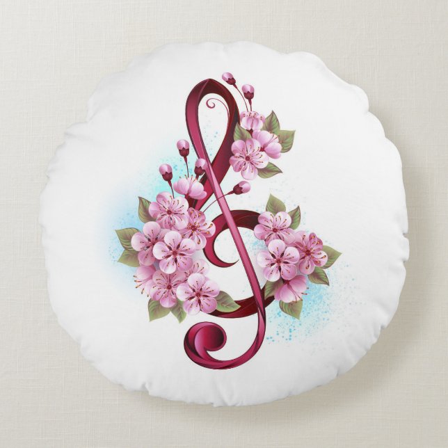 Musical treble clef notes with Sakura flowers Round Pillow (Front)