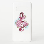Musical treble clef notes with Sakura flowers Samsung Galaxy S10  Case<br><div class="desc">Pink treble clef with delicate,  detailed pink Japanese cherry blossoms against white background painted over with light blue paint. Blooming pink sakura.</div>