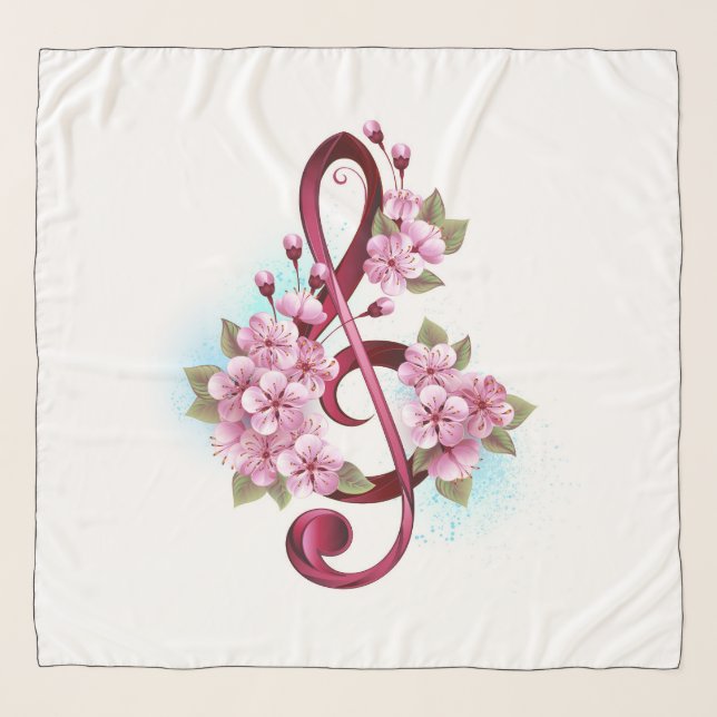 Musical treble clef notes with Sakura flowers Scarf (Front)