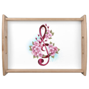 Musical treble clef notes with Sakura flowers Serving Tray