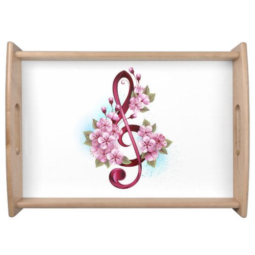 Musical treble clef notes with Sakura flowers Serving Tray