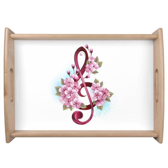 Musical treble clef notes with Sakura flowers Serving Tray (Front)