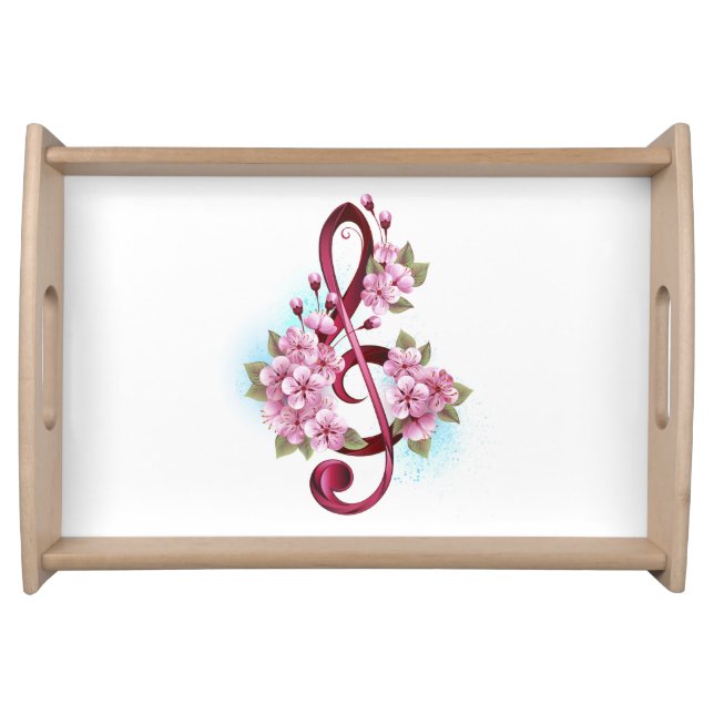 Musical treble clef notes with Sakura flowers Serving Tray (Front)