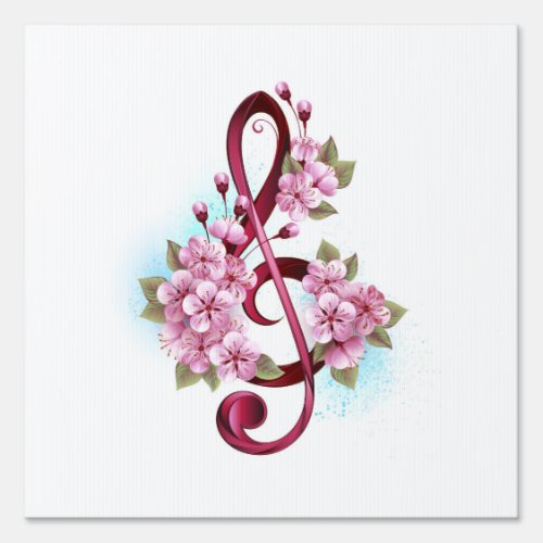 Musical treble clef notes with Sakura flowers Sign