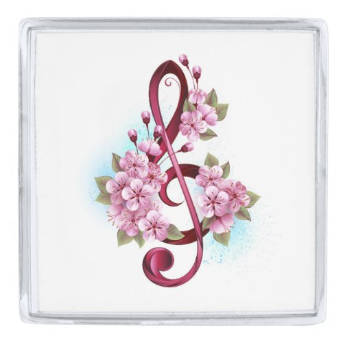Musical treble clef notes with Sakura flowers Silver Finish Lapel Pin