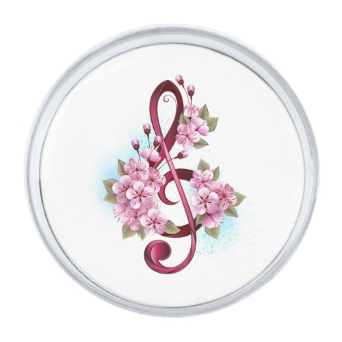 Musical treble clef notes with Sakura flowers Silver Finish Lapel Pin