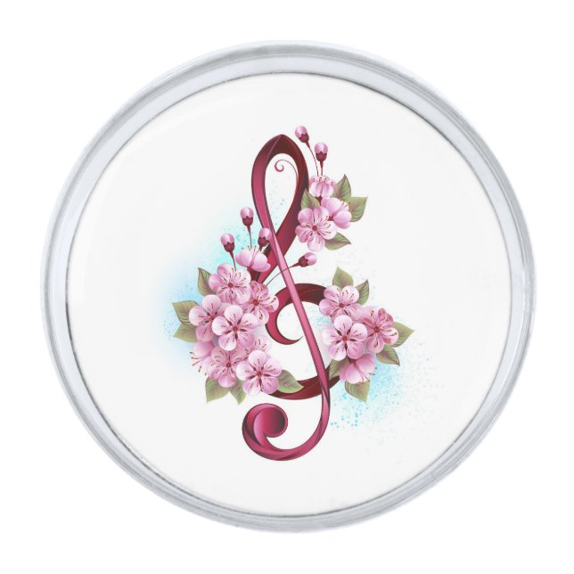 Musical treble clef notes with Sakura flowers Silver Finish Lapel Pin (Front)