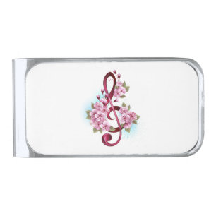 Musical treble clef notes with Sakura flowers Silver Finish Money Clip
