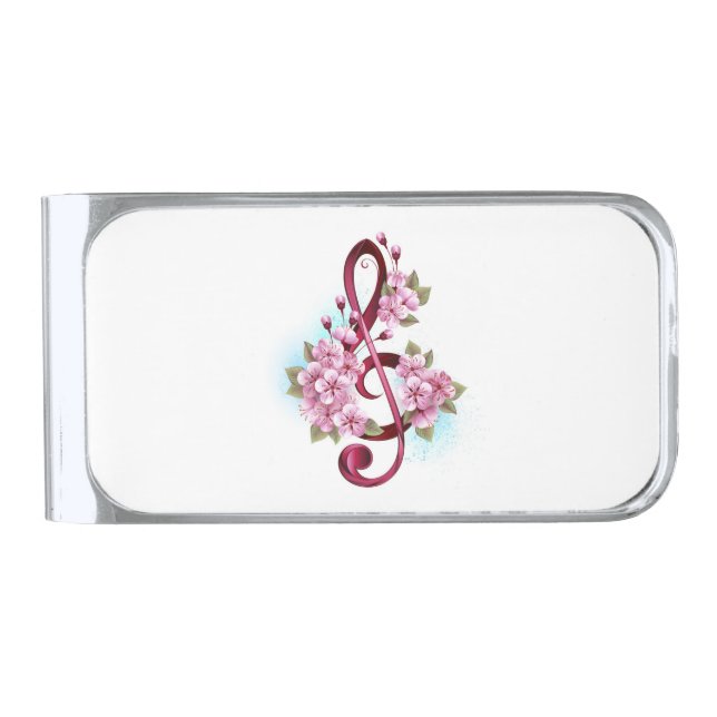 Musical treble clef notes with Sakura flowers Silver Finish Money Clip (Front)