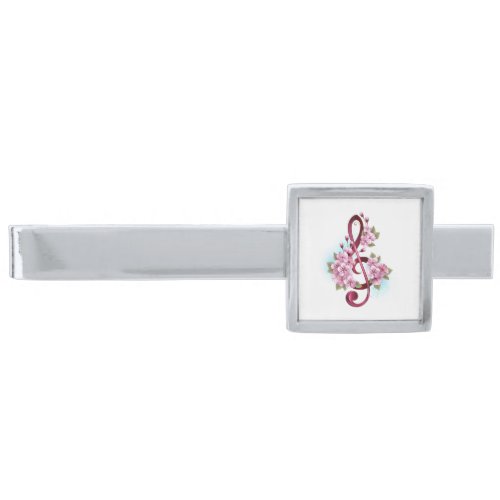 Musical treble clef notes with Sakura flowers Silver Finish Tie Bar