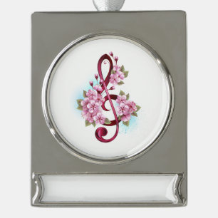 Musical treble clef notes with Sakura flowers Silver Plated Banner Ornament