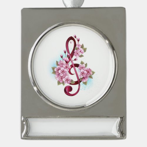 Musical treble clef notes with Sakura flowers Silver Plated Banner Ornament