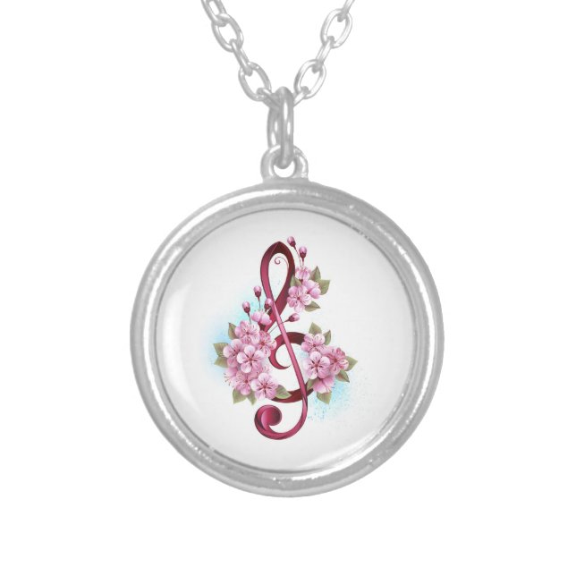 Musical treble clef notes with Sakura flowers Silver Plated Necklace (Front)