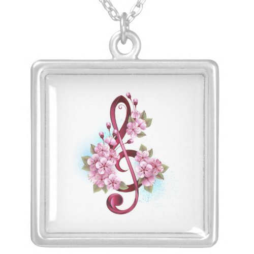 Musical treble clef notes with Sakura flowers Silver Plated Necklace