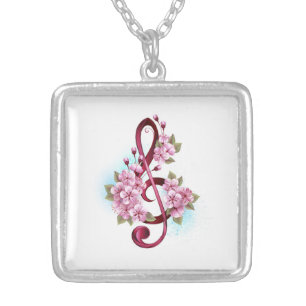 Musical treble clef notes with Sakura flowers Silver Plated Necklace