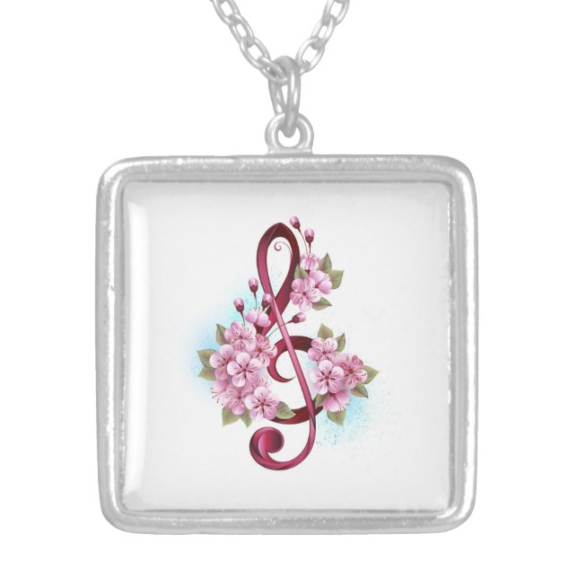 Musical treble clef notes with Sakura flowers Silver Plated Necklace (Front)