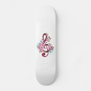 Musical treble clef notes with Sakura flowers Skateboard