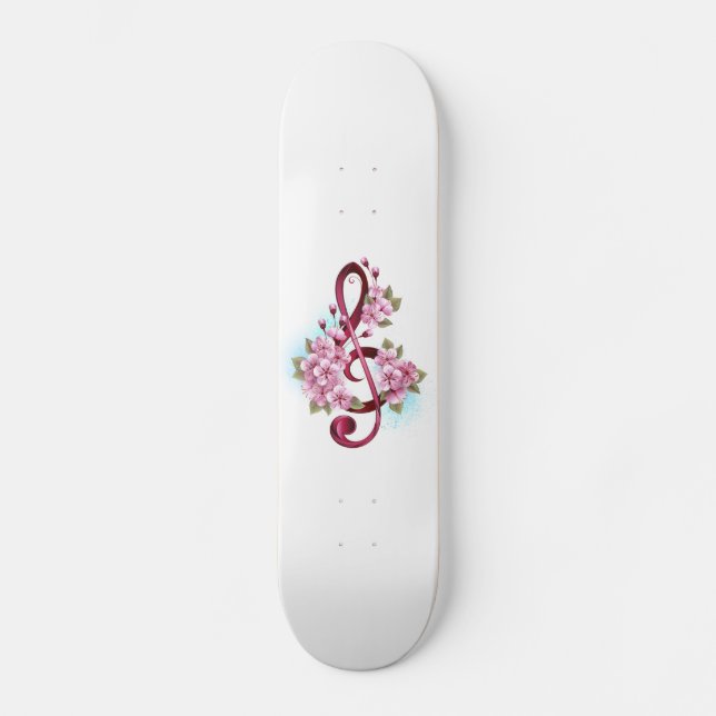 Musical treble clef notes with Sakura flowers Skateboard (Front)