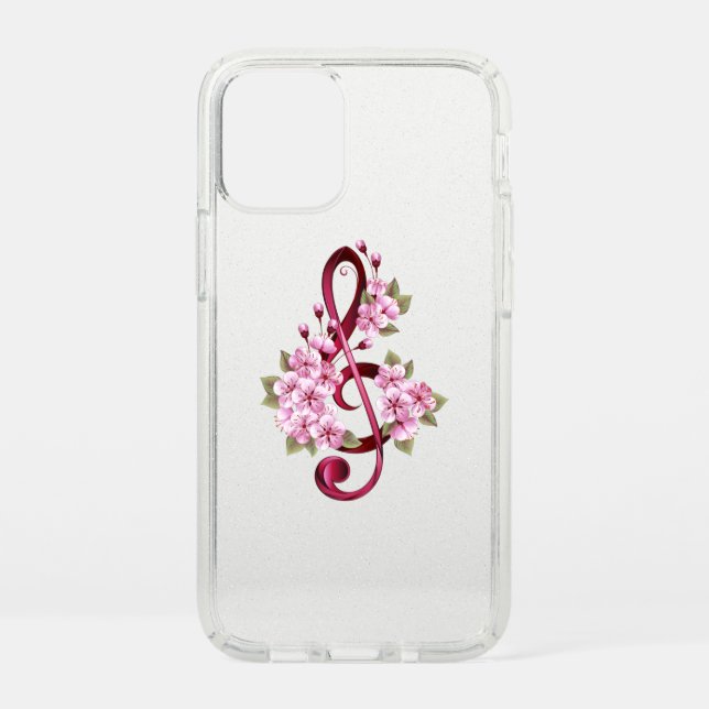 Musical treble clef notes with Sakura flowers Speck iPhone 12 Mini Case (Front)