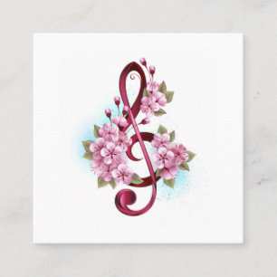 Musical treble clef notes with Sakura flowers Square Business Card