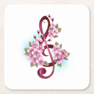 Musical treble clef notes with Sakura flowers Square Paper Coaster