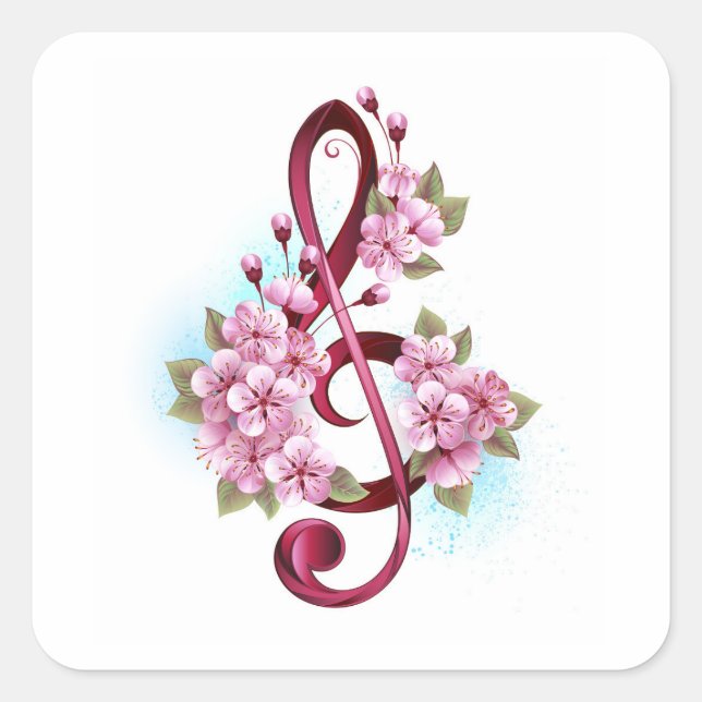 Musical treble clef notes with Sakura flowers Square Sticker (Front)