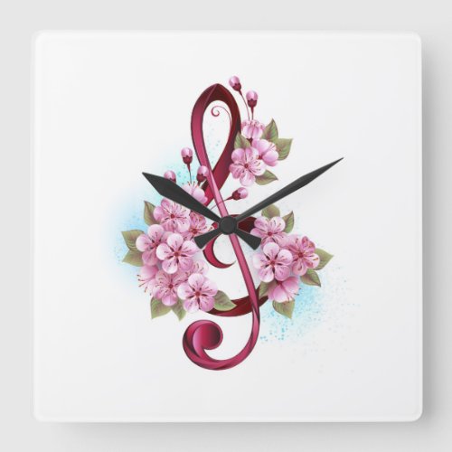 Musical treble clef notes with Sakura flowers Square Wall Clock