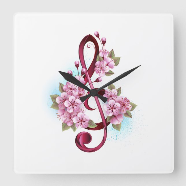 Musical treble clef notes with Sakura flowers Square Wall Clock (Front)