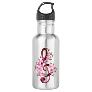 Musical treble clef notes with Sakura flowers Stainless Steel Water Bottle