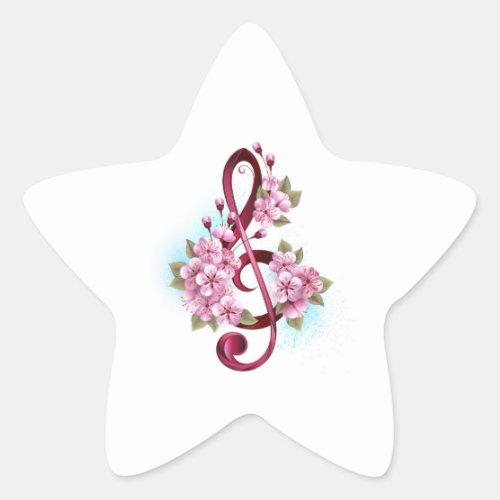 Musical treble clef notes with Sakura flowers Star Sticker