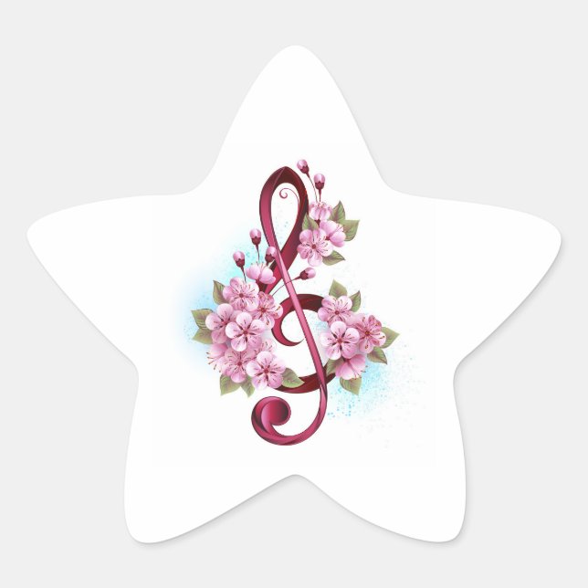 Musical treble clef notes with Sakura flowers Star Sticker (Front)