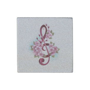Musical treble clef notes with Sakura flowers Stone Magnet
