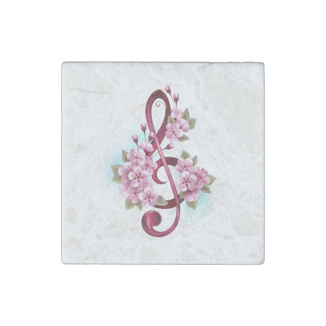 Musical treble clef notes with Sakura flowers Stone Magnet (Front)