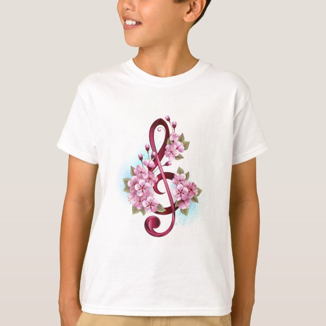 Musical treble clef notes with Sakura flowers T-Shirt (Front)
