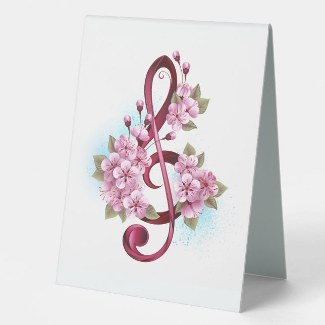 Musical treble clef notes with Sakura flowers Table Tent (Front)
